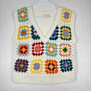Dreamers Patchwork Granny Square Crochet Knit Sweater Vest Small Boho Retro
